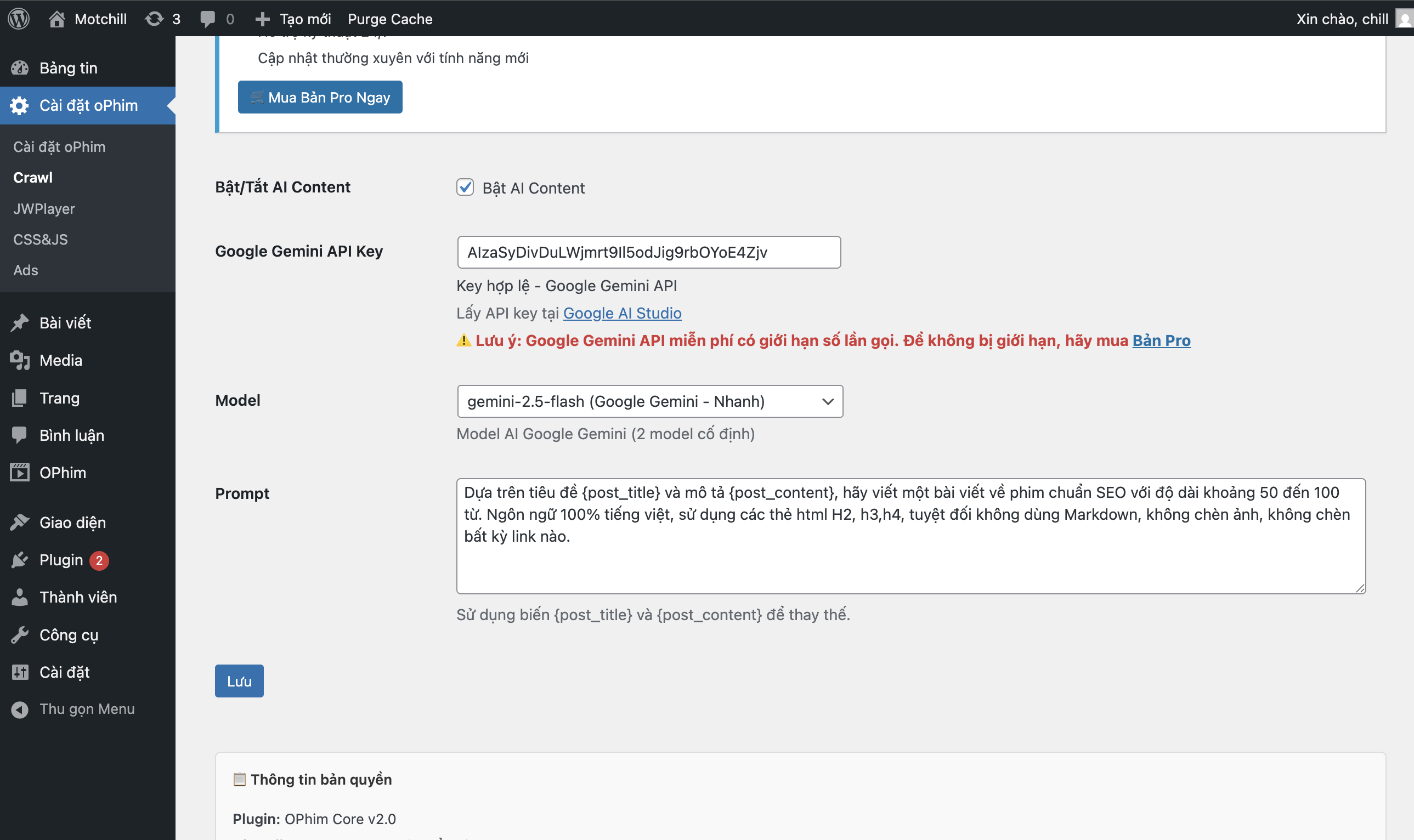 Cralw OPhim AI content Google Wordpress