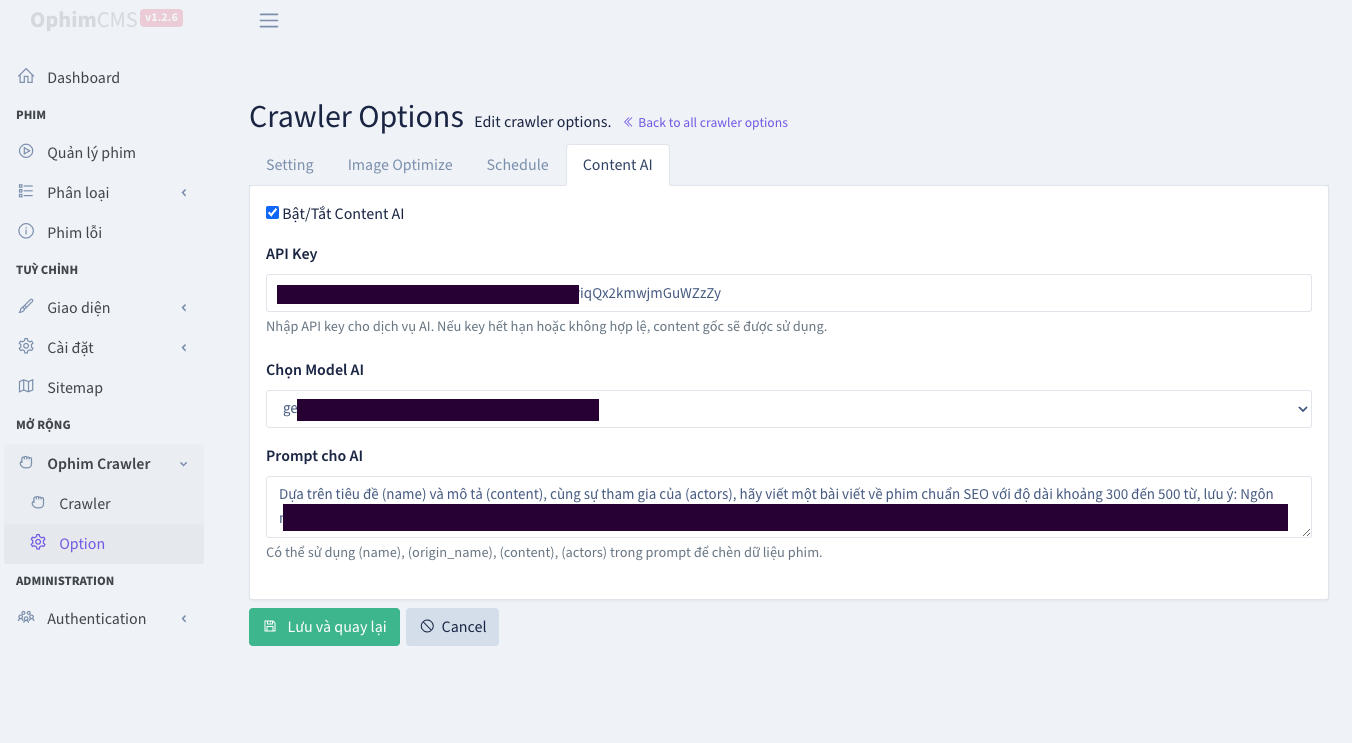 Plugin Crawler Content AI cho OPhim